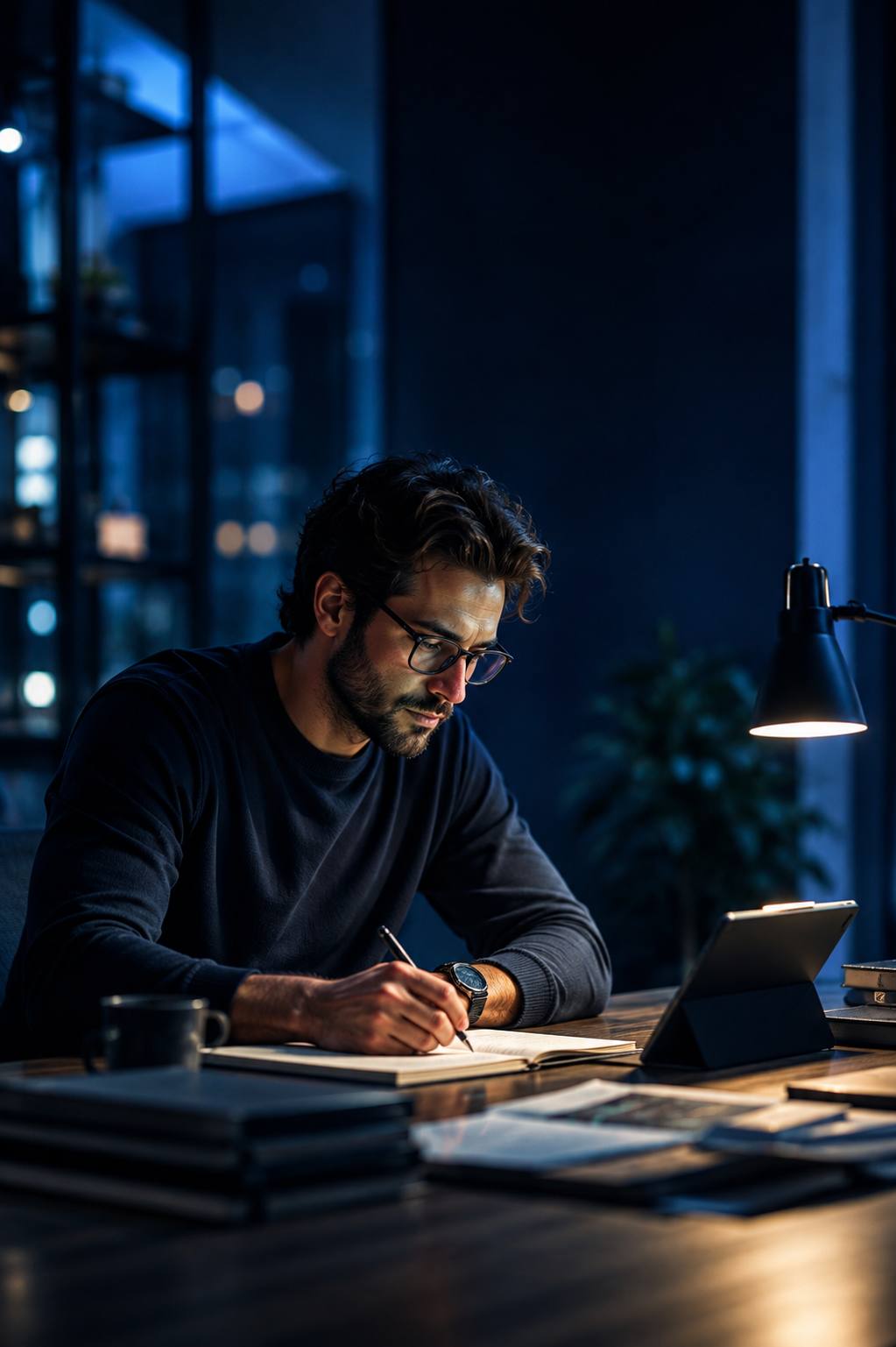 A thoughtful creator working late, writing in a notebook beside a lit desk lamp and tablet