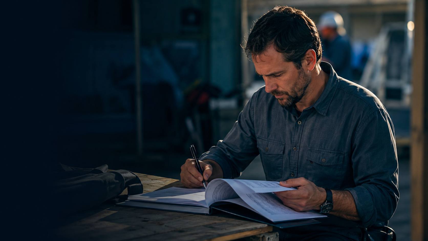 A field professional reviewing and writing in a workbook on-site, natural light, dark negative space to the left
